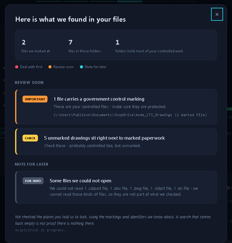 DenseSense: what it found on a share — files carrying CUI markings, unmarked drawings flagged for review, grouped by what to handle first